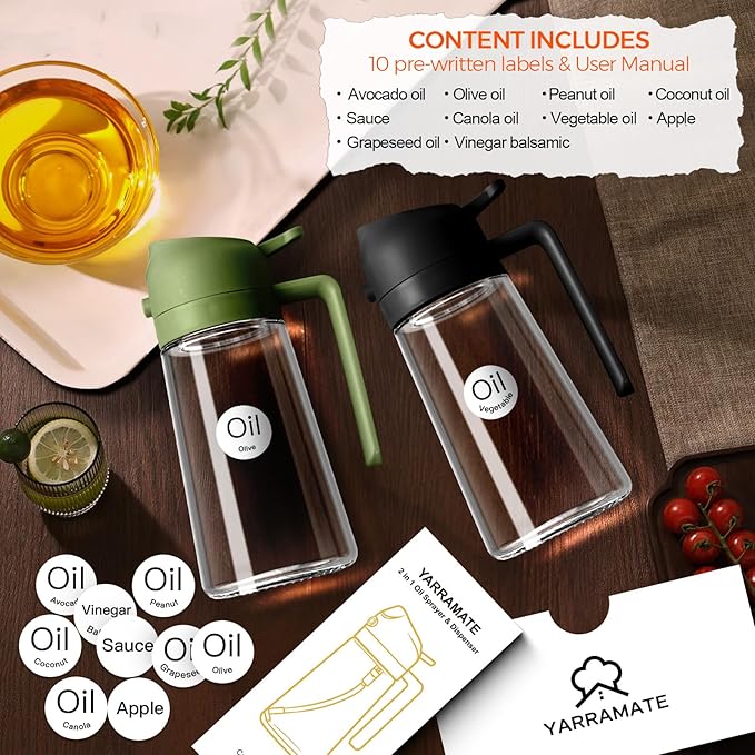 YARRAMATE 2Pcs 16oz/470ml Glass Olive Oil Sprayer for Cooking with Stickers, 2 in 1 Oil Dispenser for Kitchen Gadgets, Food Grade Premium Spray Bottle for Salad, BBQ (Black&OliveGreen) - Image 2