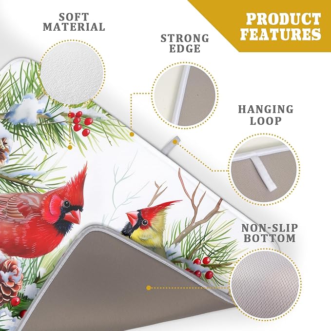 Giwawa Red Birds Dish Drying Mat, Xmas Tree Branch Holly Red Berries Dish Drainer Mats, Winter Snow Pine Cones Reversible Dish Drying Rack Pad Protector for Kitchen Countertop Decor, 18"x24"