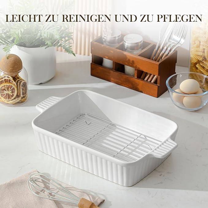 MALACASA 4.4 QT Baking Dish with Rack, 9x13 Large Casserole Dish for Oven, Ceramic Baking Pan with Rack, Rectangular Lasagna Pan Deep with Handles for Baking, Durable Microwave Oven Safe, White - Image 7