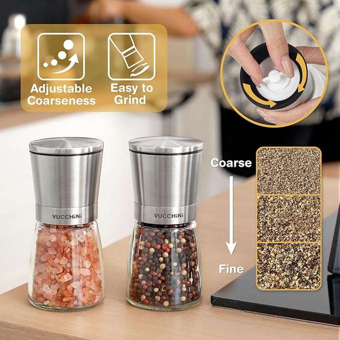 VUCCHINI Salt and Pepper Grinder Set - Adjustable Stainless Steel Spice Ceramic Grinders Mill Shaker for Kitchen Table - Stainless Steel color - Image 2