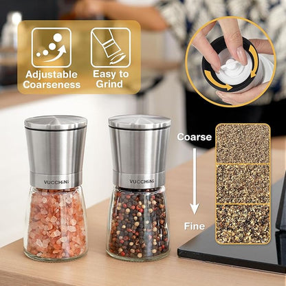 VUCCHINI Salt and Pepper Grinder Set - Adjustable Stainless Steel Spice Ceramic Grinders Mill Shaker for Kitchen Table - Stainless Steel color - Image 2