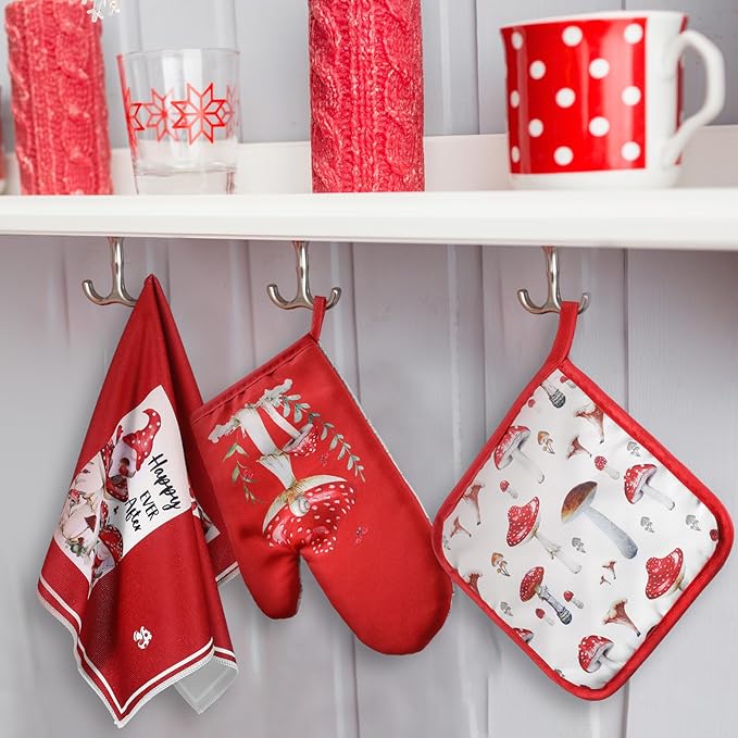 Bencailor 6 Pcs Mushroom Kitchen Towels Oven Mitts and Pot Holders Decorative Dish Tea Towels Non Slip Heat Resistant Oven Gloves for Spring Summer Home Cooking Dish Baking BBQ, Red, Black - Image 2