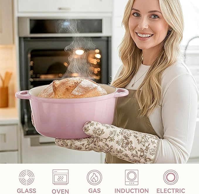 6 Quart Dutch Oven Pot with Lid, Non Stick Enameled Cast Iron Dutch Oven for Bread Baking, Heavy-Duty, Oven Safe Ceramic Cookware Up to 500°F for Baking, Braising, Stews, Roasting, Pink - Image 4