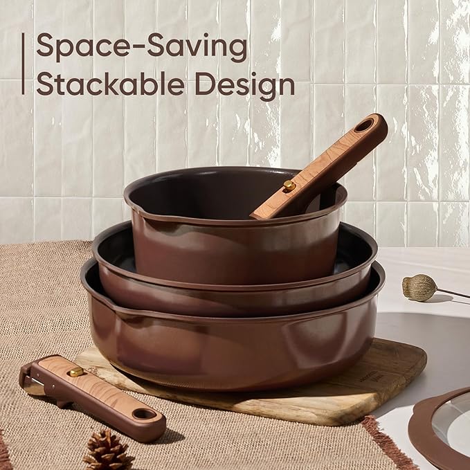 CAROTE Pots and Pans Set, Ceramic Cookware Set Non Stick with Detachable Handle, RV Kitchen Cooking Set, Induction & Oven Safe, Non-Toxic, PFAS and PFOA Free, Dark Choco, 19 Pcs - Image 5