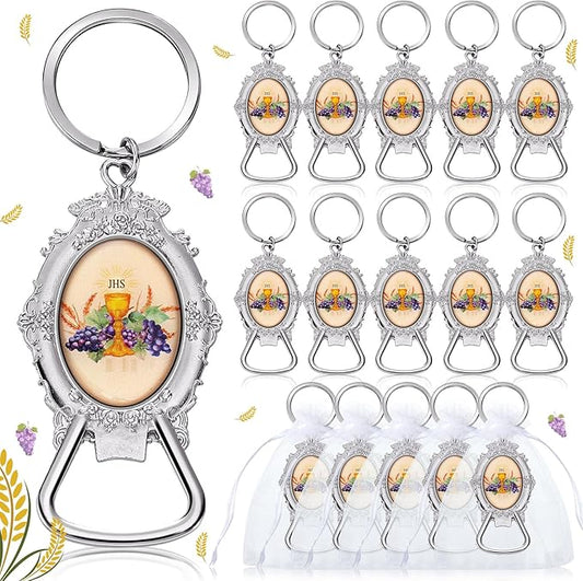 Misdary 12 Pcs First Communion Bottle Opener Keychain Catholic Bottle Opener with Organza Baptism Party Favor for Guest