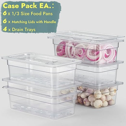 CURTA 6-Pack 1/3 Size 4" Deep NSF Polycarbonate Food Pans with Handled Lids & Drain Trays | Dishwasher & Freezer Safe Clear Container for Prep Tables, Buffet, Salad Bar, Commercial Kitchen