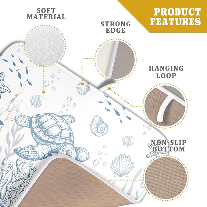 Giwawa Ocean Turtle Dish Drying Mat, Coastal Sea Tortoise Decorative Dish Drainer Mats, Summer Nautical Beach Themed Reversible Dish Drying Rack Pad Protector for Kitchen Countertop, 16"x18"