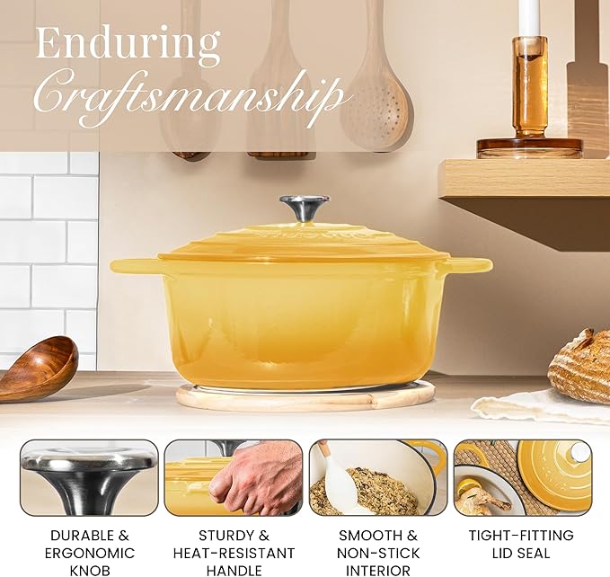 Nuovva Enamelled Cast Iron Dutch Oven Pot with Lid 6.4 Quart Non Stick Casserole Pot – Heavy Duty & Oven Safe up to 500° F for Bread Baking, Braising, Stews, Roasting – 28cm Yellow - Image 6
