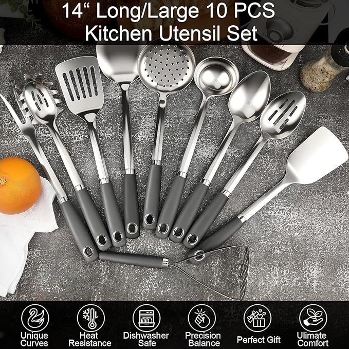 10 Piece Stainless Steel Cooking Utensils Set - 18/0 Heavy Duty Kitchen Tools for Grilling & Serving (Grey) - Image 5