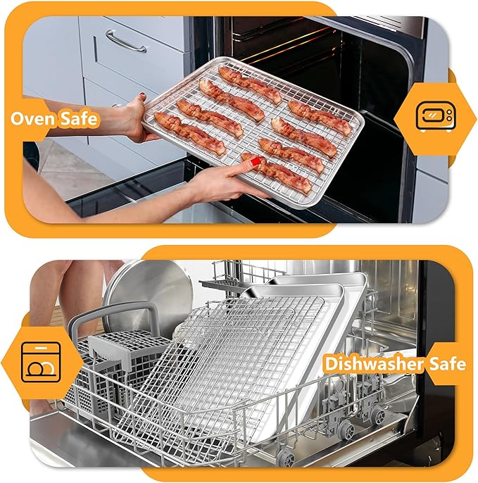 TeamFar Baking Pan with Rack Set (2 Pans + 2 Racks), Stainless Steel Cookies Sheet Baking Tray Pan with Grid Cooling Rack for Toaster Oven, Healthy & Heavy-Duty, Dishwasher Safe, 12.5 x 9.5 x 1 Inch