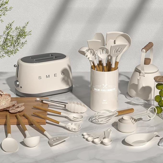 Thickened Silicone Cooking Utensils Set with Natural Wooden Handle- Umite Chef Khaki Kitchen Utensils Set, 34PCS Heat Resistant Kitchen Gadgets Tools Set, Kitchen Spatula Set for Nonstick Cookware - Image 2