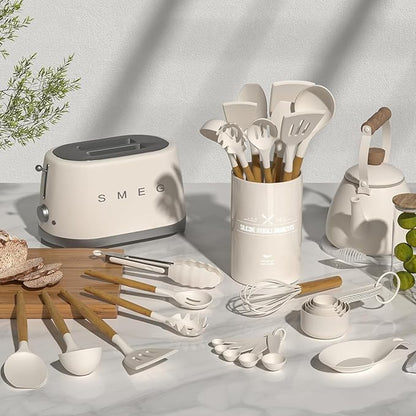 Thickened Silicone Cooking Utensils Set with Natural Wooden Handle- Umite Chef Khaki Kitchen Utensils Set, 34PCS Heat Resistant Kitchen Gadgets Tools Set, Kitchen Spatula Set for Nonstick Cookware - Image 2
