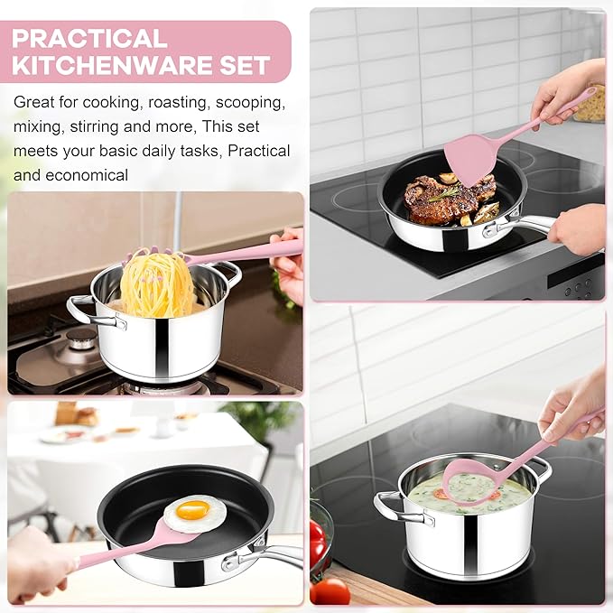 TeamFar 8 PCS Silicone Cooking Utensils - 446°F Heat Resistant Kitchen Silicon Utensils Set, Turner, Spatula, Spoon, Whisk, Kitchen Cooking Gadgets Tools for Nonstick Cookware, Dishwasher Safe-Pink - Image 4