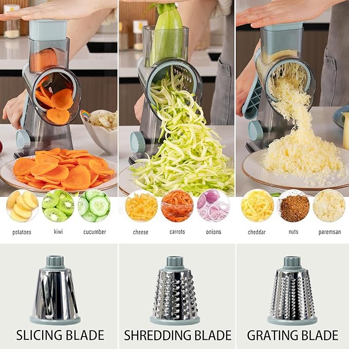 Cheese Grater Hand Crank Rotary Vegetables Shredder with Handle, 3-in-1 Graters with Interchangeable Blades and Non-slip Base Multifunctional Slicer for Kitchen - Image 3