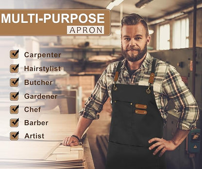 RUVANTI Work Aprons for Men, Oil & Water Repellent, PolyCotton Cross Back Aprons for Women with Pockets, Adjustable up to XXL, Chef Aprons for Cooking, Grilling, Welding, Woodworking - Black Aprons