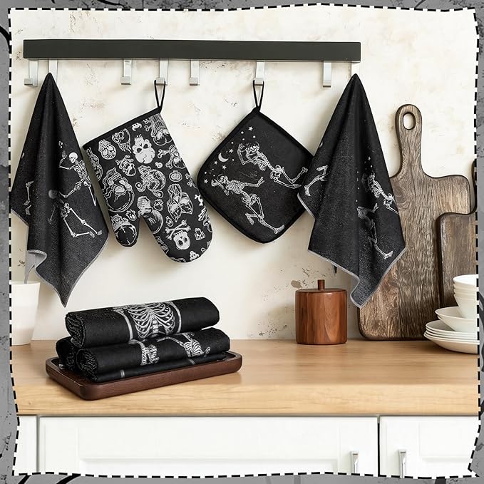 Leinuosen 6 Pcs Skull Kitchen Decor Set, Skull Kitchen Towels Gothic Oven Mitts and Pot Holders Skeleton Hand Dish Towels Horror Oven Mitts for Home Decor Party Gifts (Black,Cool) - Image 5