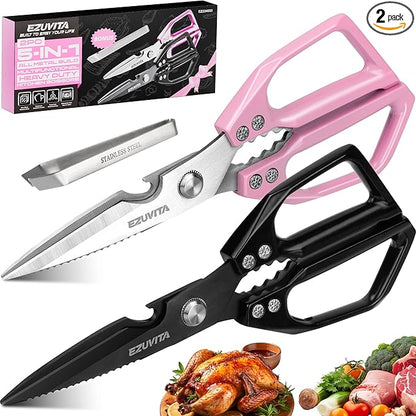 2PC 5-in-1 Multifunctional Heavy-Duty Korean Kitchen Scissors Set, All Purpose Kitchen Shears with Stainless Steel Blades, Bone Cutting scissors for Meat, Fish, Turkey, Vegetables