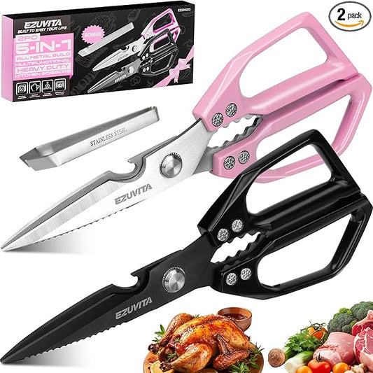 2PC 5-in-1 Multifunctional Heavy-Duty Korean Kitchen Scissors Set, All Purpose Kitchen Shears with Stainless Steel Blades, Bone Cutting scissors for Meat, Fish, Turkey, Vegetables