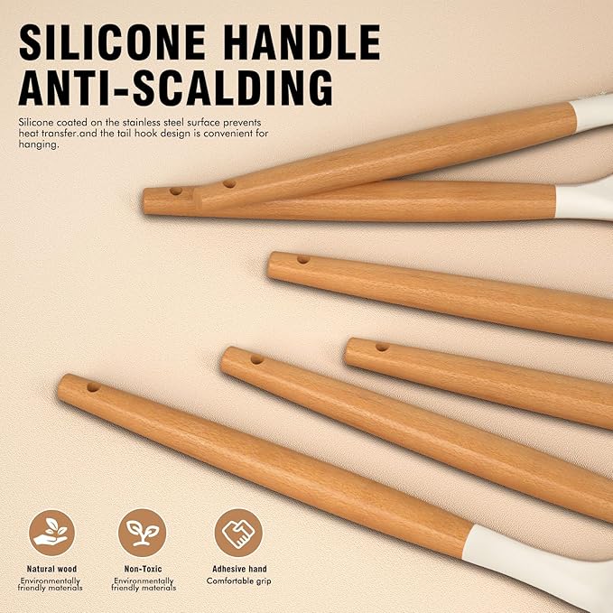 AVGPD Silicone Cooking Utensils Set, Silicone Utensils for Cooking, 446° Heat Resistant Kitchen Utensil Silicone Spatula Sets, Kitchen Gadgets for Non-Stick Cookware BPA FREE (Cream White) - Image 5