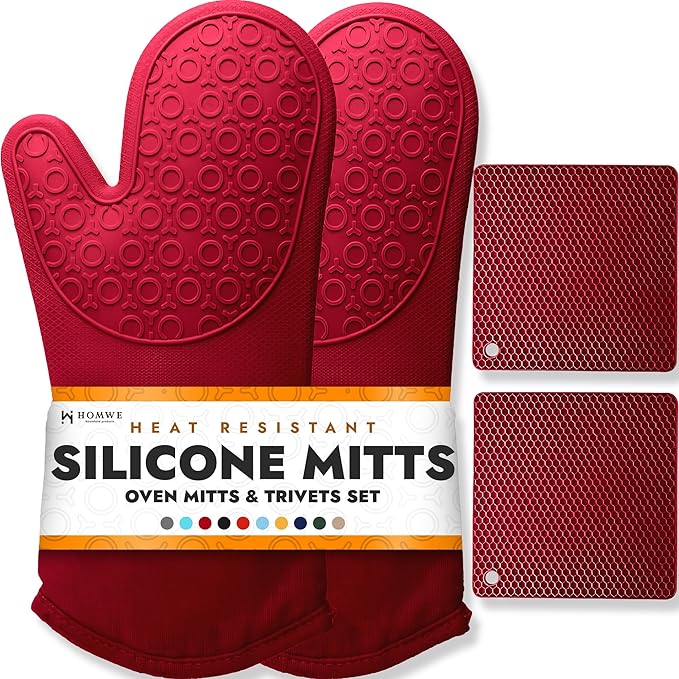 BPA-Free Soft Silicone 4 Piece Oven Mitts & Trivets Set - Ultra Heat Resistant Oven Mitts with Thick Cotton Liner - Long Slip Resistant Pot Holders, Flexible Oven Gloves - Empire Red by HOMWE