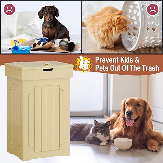 Function Home Trash Can Cabinet, 13 Gallon Kitchen Garbage Can, Wood Recycling Trash Bin, Freestanding Dog Proof Trash Can, Farmhouse Trash Cabinet with Lid for Home Kitchen Bathroom, Yellow - Image 5