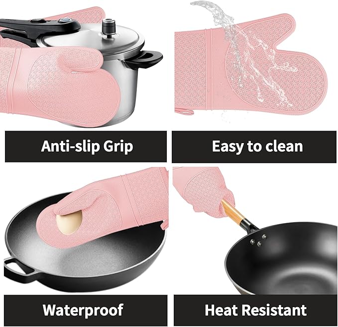 Hovico Silicone Oven Mitts, Heat Resistant 500F Kitchen Mitts 2PCS, 11.6" BPA-Free Soft Baking Gloves, Non-Slip Grip Oven Gloves with Soft Cotton Lining for Kitchen Cooking Baking BBQ - Pink - Image 4