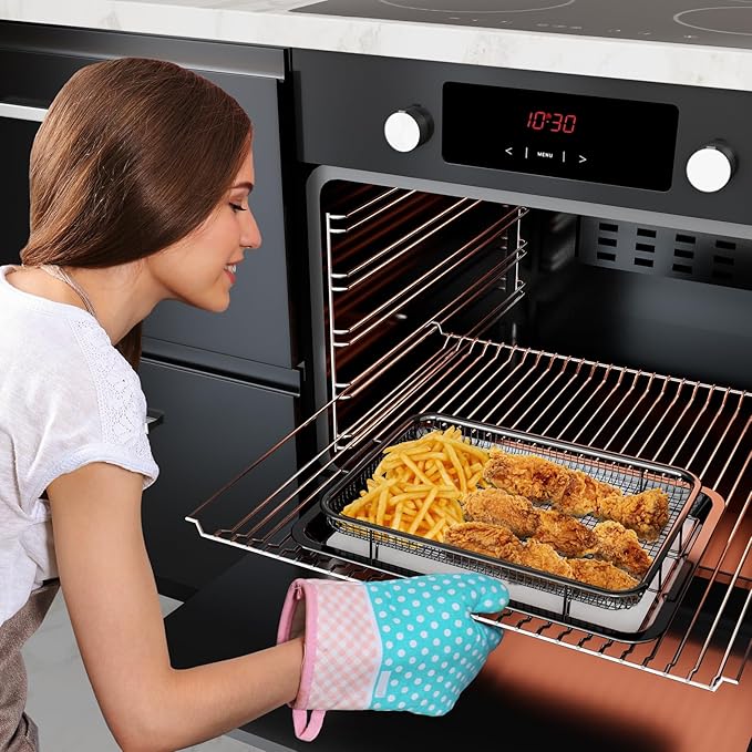 Air Fryer Basket for Oven, OPENICE 15.3" x 11.0" Air Fryer Tray and Pan Set with 30PCS Parchment Papers, Stainless Steel Oven Air Fryer Basket and Tray for Baking Grilling - Black