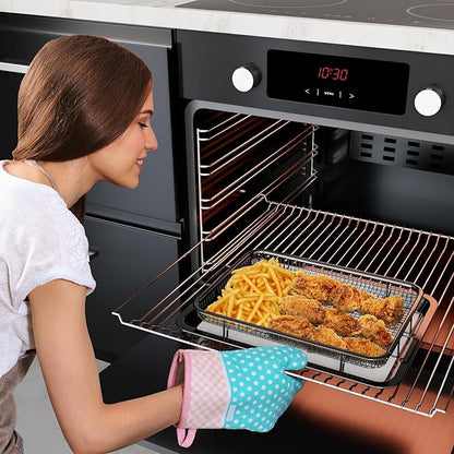 Air Fryer Basket for Oven, OPENICE 15.3" x 11.0" Air Fryer Tray and Pan Set with 30PCS Parchment Papers, Stainless Steel Oven Air Fryer Basket and Tray for Baking Grilling - Black