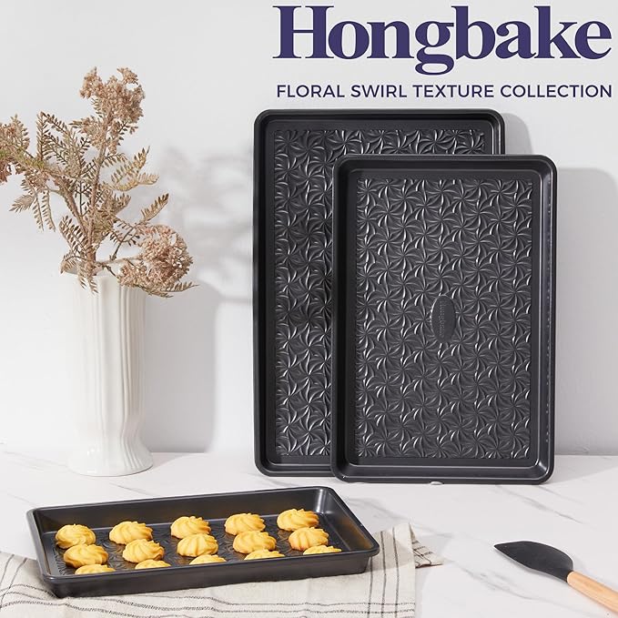HONGBAKE Nonstick Baking Sheet Pan Set of 3, Cookie Sheets for Oven, Non-Toxic Half/Quarter/Jelly Roll Pans with Floral Swirl Texture, Heavy Duty 0.8mm Thick Oven Trays for Cooking, Dark Gray - Image 9