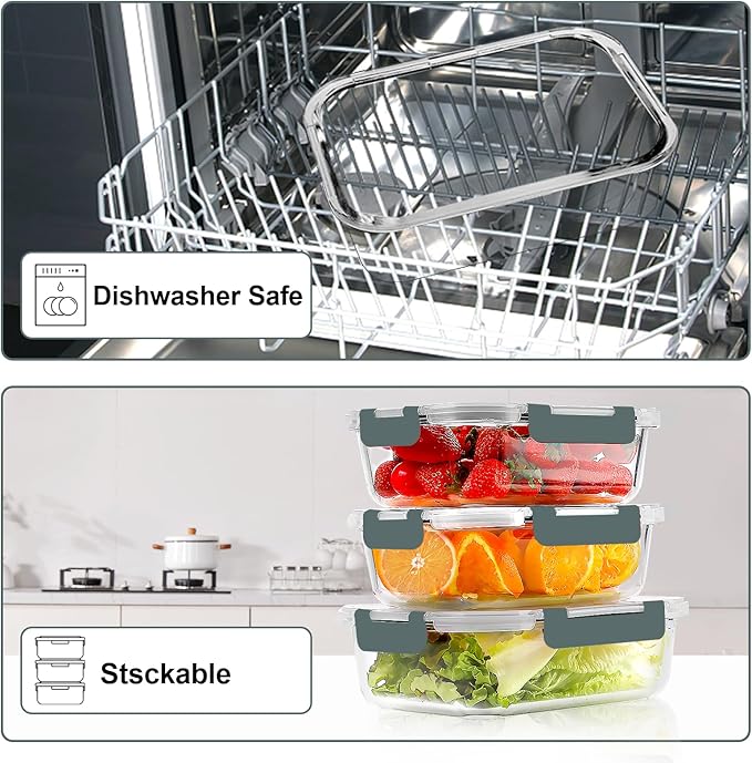 VERONES 10 Pack Glass Meal Prep Containers, Airtight Glass Lunch Containers, Stackable Glass Food Storage Containers Set with Lids,Exclusive of BPA,for Microwave, Oven, Freezer & Dishwasher,Grey - Image 5