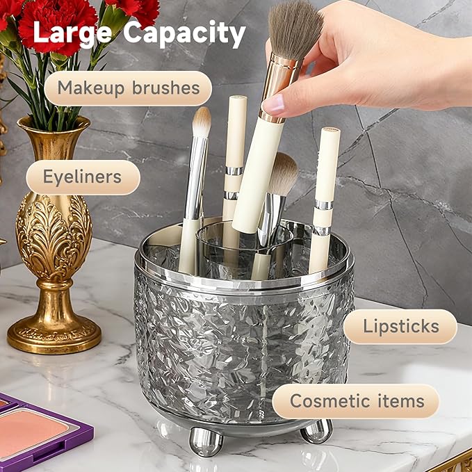 Makeup Brush Holder with Lid, Cosmetic Tools Organizer with Cover, 360° Rotating Sliding Opening Dustproof Brushes Container for Vanity, Ideal Gift for Girlfriend Wife Friends (Gray)