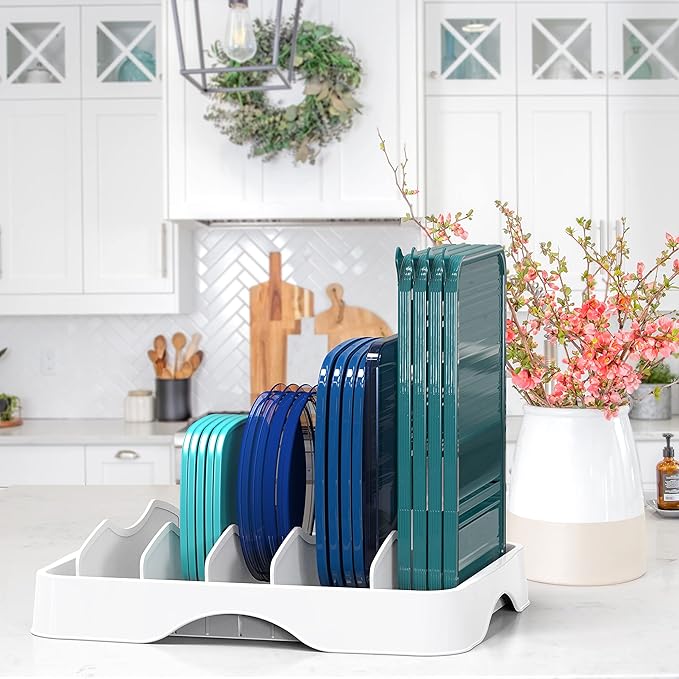Simple Houseware Food Container Lids Storage Organizer with Adjustable Dividers, 13''x10'', White - Image 2