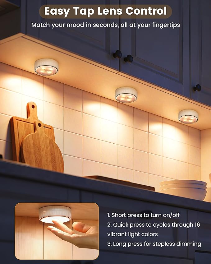LED Puck Lights with Remote Control & Timer, Battery Operated Under Cabinet Lighting, Warm White & RGB Multi Color Stick on Tap Light for Kitchen Counter, Shelf, Display Case, 2 Pack, White