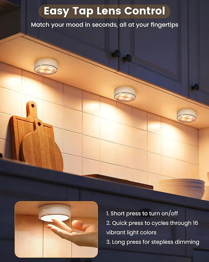 Under Cabinet Lighting, Battery Operated LED Puck Lights with Remote & Timer, Warm White & RGB Color Changing Stick on Tap Push Light for Kitchen Counter, Shelf, Display Case, 1 Pack, White