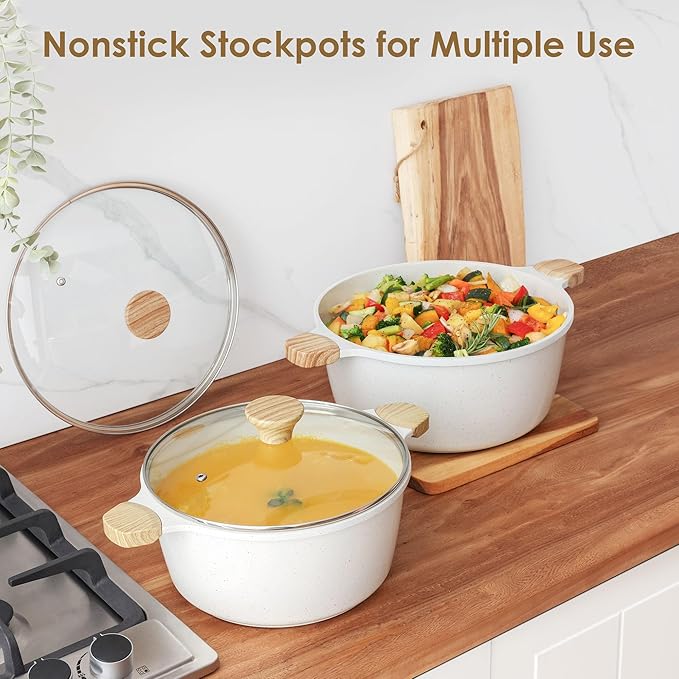SENSARTE Ceramic Nonstick Stock Pot with Lid, 7 Qt Induction Cooking Pot with Tempered Glass Lid, Stew Pot for Soup and Oatmeal, Pasta Casserole, Free of PFAS & PTFE, White - Image 4