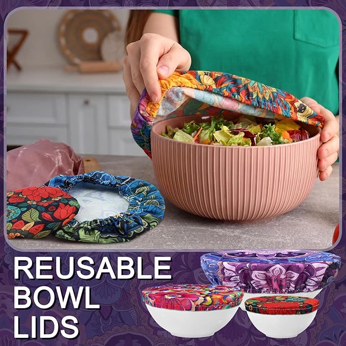 Patelai 10 Pcs Bowl Covers Reusable in 5 Size Stretch Cloth Fabric Elastic Food Storage Bowl Covers Bread Sourdough Lids for Proofing Food Fruits Leftover (Colored,Symmetrical Pattern) - Image 4