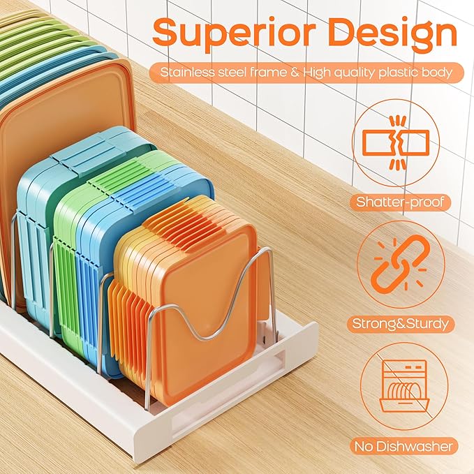 Nigelia Pots and Pans Organizer for Under Cabinet 22" Expandable Food Storage Container Lid Organizers with 10 Adjustable Dividers Pot and Pan Lid Holders Rack Inside Cabinet&Kitchen Countertop(White)