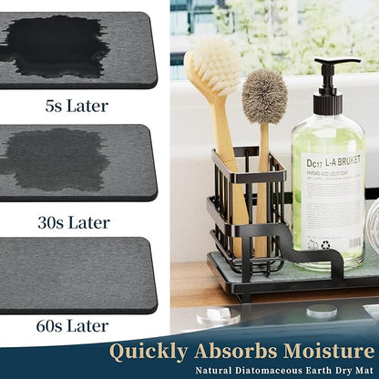 Consumest Sponge Holder for Kitchen Sink - Sink Caddy Organizer with Water Absorbing Stone Tray, Detachable Brush Holder, Stainless Steel Kitchen Counter Organizer Rack, Black - Image 2