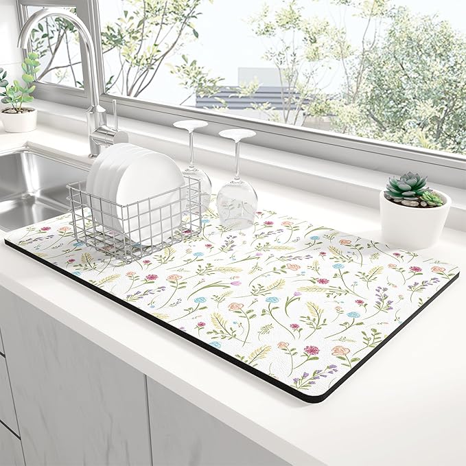 Rnivvi Dish Drying Mat for Kitchen Counter, 12 x 19" Cute Flower Theme Super Absorbent Draining Pad, Non-Slip Heat Resistant Coffee Bar Mat for Coffee Machine Station Accessories, White Dish Rack Pad by Rnivvi