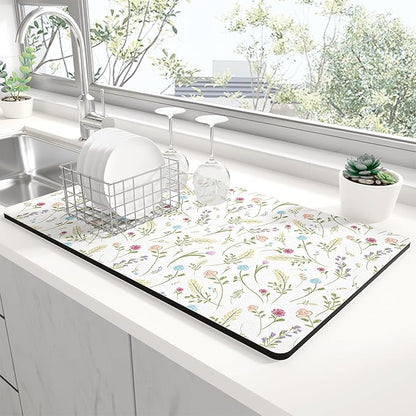Rnivvi Dish Drying Mat for Kitchen Counter, 12 x 19" Cute Flower Theme Super Absorbent Draining Pad, Non-Slip Heat Resistant Coffee Bar Mat for Coffee Machine Station Accessories, White Dish Rack Pad by Rnivvi