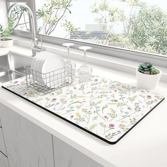 Rnivvi Dish Drying Mat for Kitchen Counter, 12 x 19" Cute Flower Theme Super Absorbent Draining Pad, Non-Slip Heat Resistant Coffee Bar Mat for Coffee Machine Station Accessories, White Dish Rack Pad by Rnivvi