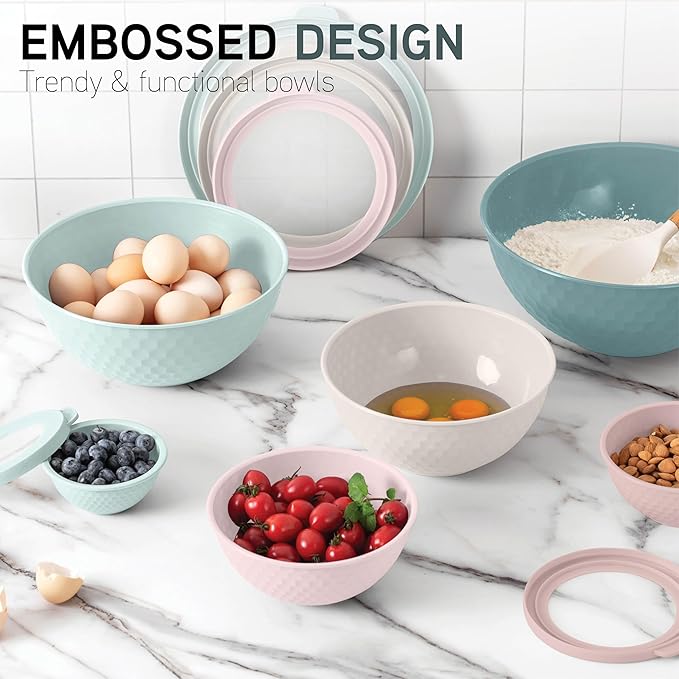 COOK WITH COLOR Mixing Bowls with Lids - 12 Piece Plastic Nesting Bowls Set includes 6 Prep Bowls and 6 Lids, Microwave Safe Mixing Bowl Set, Teal Embossed - Image 6