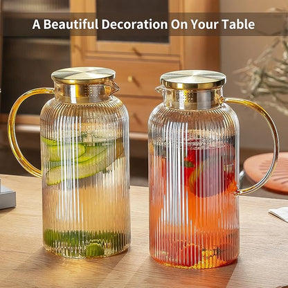 Buaic Glass Pitcher with Lid, 84oz/2.5 Liter Amber Classic Vertical Stripes Water Pitcher,Glass Water Carafe for Cold Brew, Coffee, Lemonade, Iced Sun Tea,Beverage, Milk, Heat Resistant