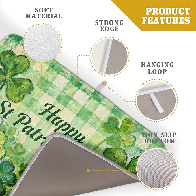 St Patrick's Day Shamrock Dish Drying Mat for Kitchen Counter 18x24 Green Lucky Clover Plaid Happy Holiday Absorbent Reversible Microfiber Drying Mats Kitchen Countertop Protector Dishes Drainer Pad - Image 4