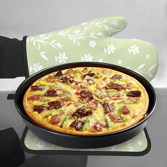Sage Green Oven Mitt Pot Holder Set Floral BBQ Cooking Gloves Farmhouse Botanical Baking Grilling Kitchen Gifts for Spring Summer - Image 7