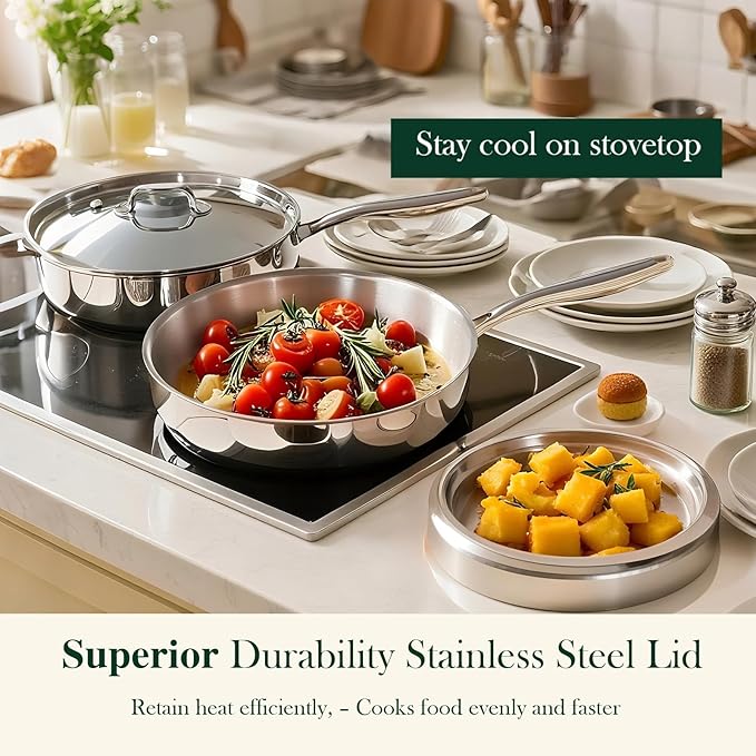 12 Inch Tri-Ply Stainless Steel Frying Pan, Frying Pan with Lid, PFOA/PTFE Free Skillet, Induction Cooking Pans, Dishwasher & Oven Broiler Safe 600F, Professional Cookware, Heavy Duty & Even Heat - Image 6