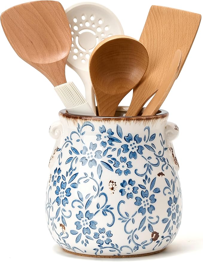 Utensil Holder for Kitchen Counter, Modern Farmhouse Rustic Cooking Utensil Holder and Crock, Exquisite Chinoiserie Floral Ceramic Utensil Organizer for Home Kitchen Decor- Blue and White Porcelain by Jemirry