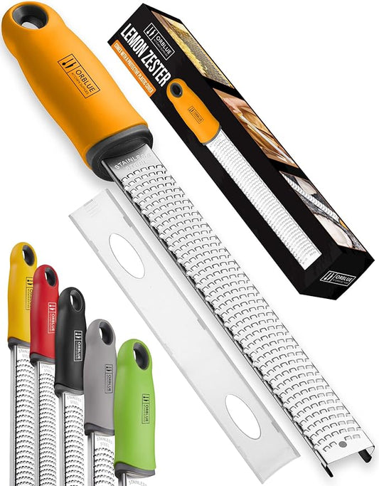 Orblue Lemon Zester & Cheese Grater - Premium Citrus Zester, Kitchen Grater for Parmesan, Chocolate, Fruits, Vegetables, Ginger, Garlic, Nutmeg - Stainless Steel Blades with Protective Cover, Orange by Orblue