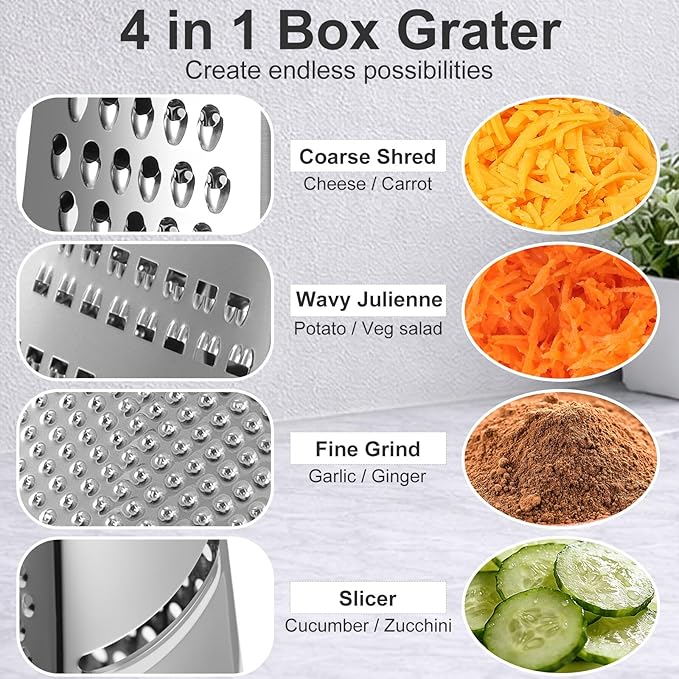 Ourokhome Cheese Grater, Handheld Box Grater with Container & Lid, 4-Sided Stainless Steel for Kitchen, Wavy Julienne, Slicer, Coarse Shred & Fine Zester, Non-Slip Base, Dishwasher Safe, 8 Inch - Image 3
