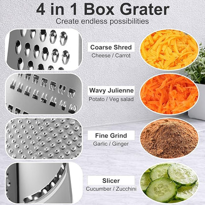 Ourokhome Cheese Grater, Handheld Box Grater with Container & Lid, 4-Sided Stainless Steel for Kitchen, Wavy Julienne, Slicer, Coarse Shred & Fine Zester, Non-Slip Base, Dishwasher Safe, 8 Inch - Image 3